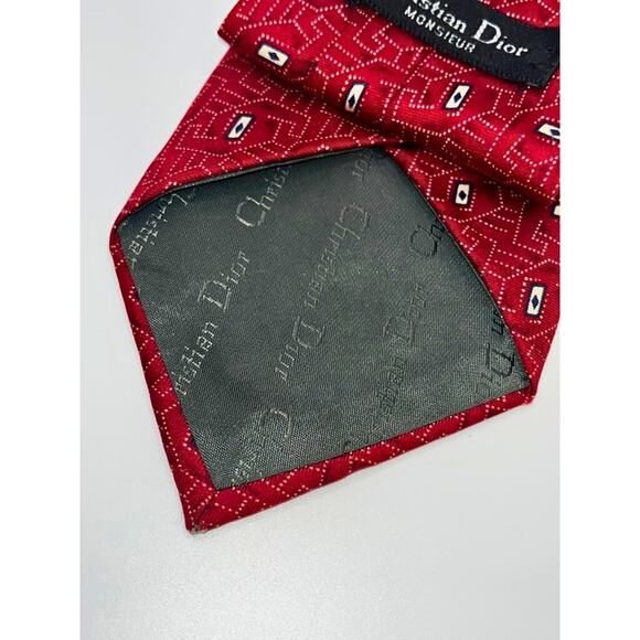Christian Dior Monsieur Geometric Red Silk Tie Made in USA Fabric VTG - Picture 8 of 10